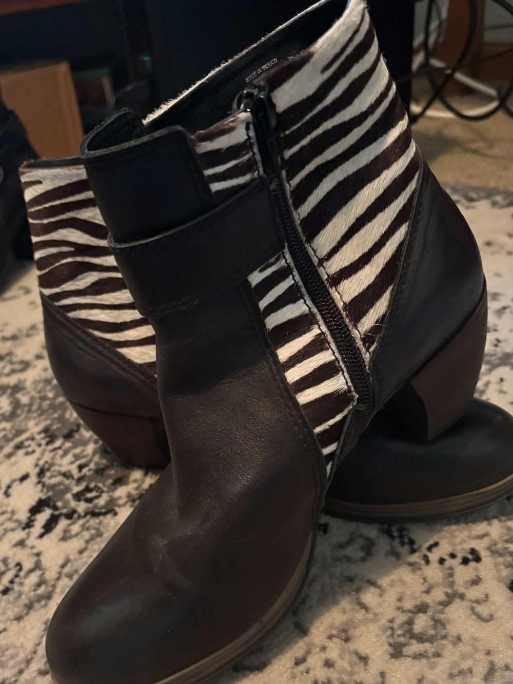 Wolky Black Leather Ankle Boots with Zebra Haircalf Panels